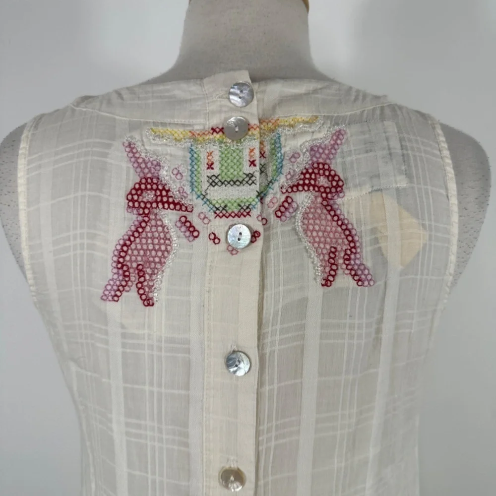 Y2K Da-Nang White Boho Sleeveless Cotton Embroidery Beaded Shift Dress Size S - Picture 10 of 15